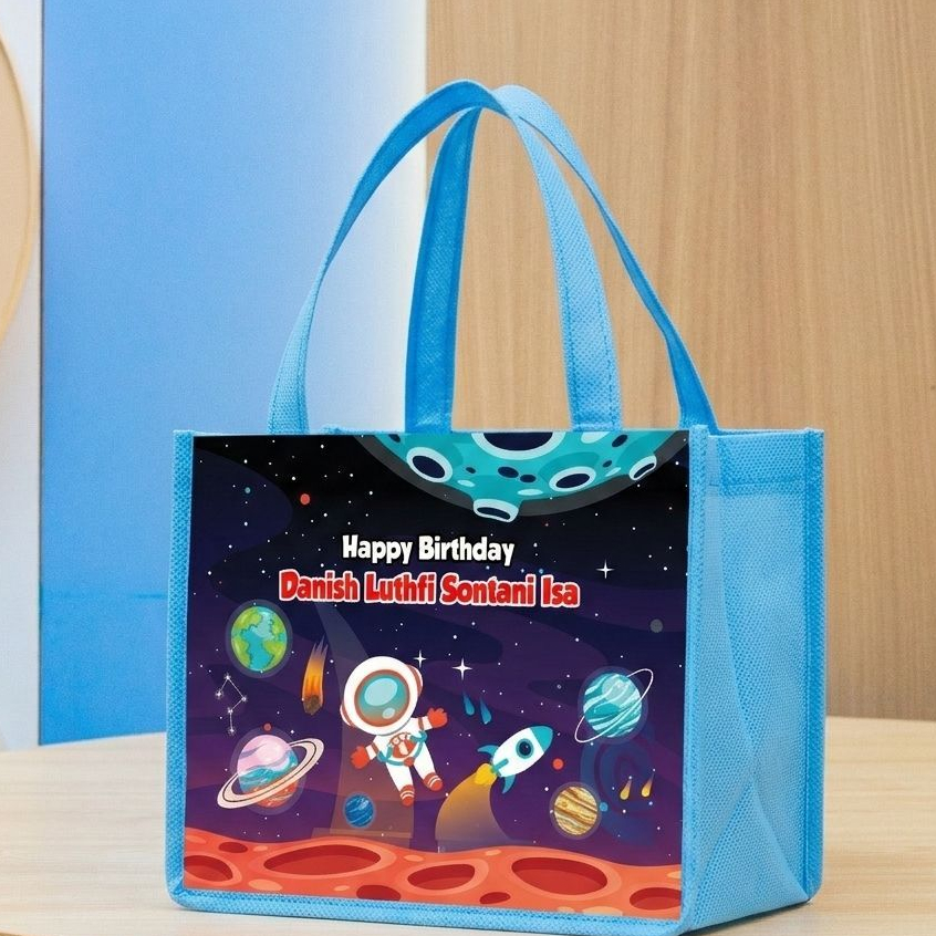 Tas Ultah Astronot Custom Nama Anak, Tas Souvenir Bingkisan Snack Ultah