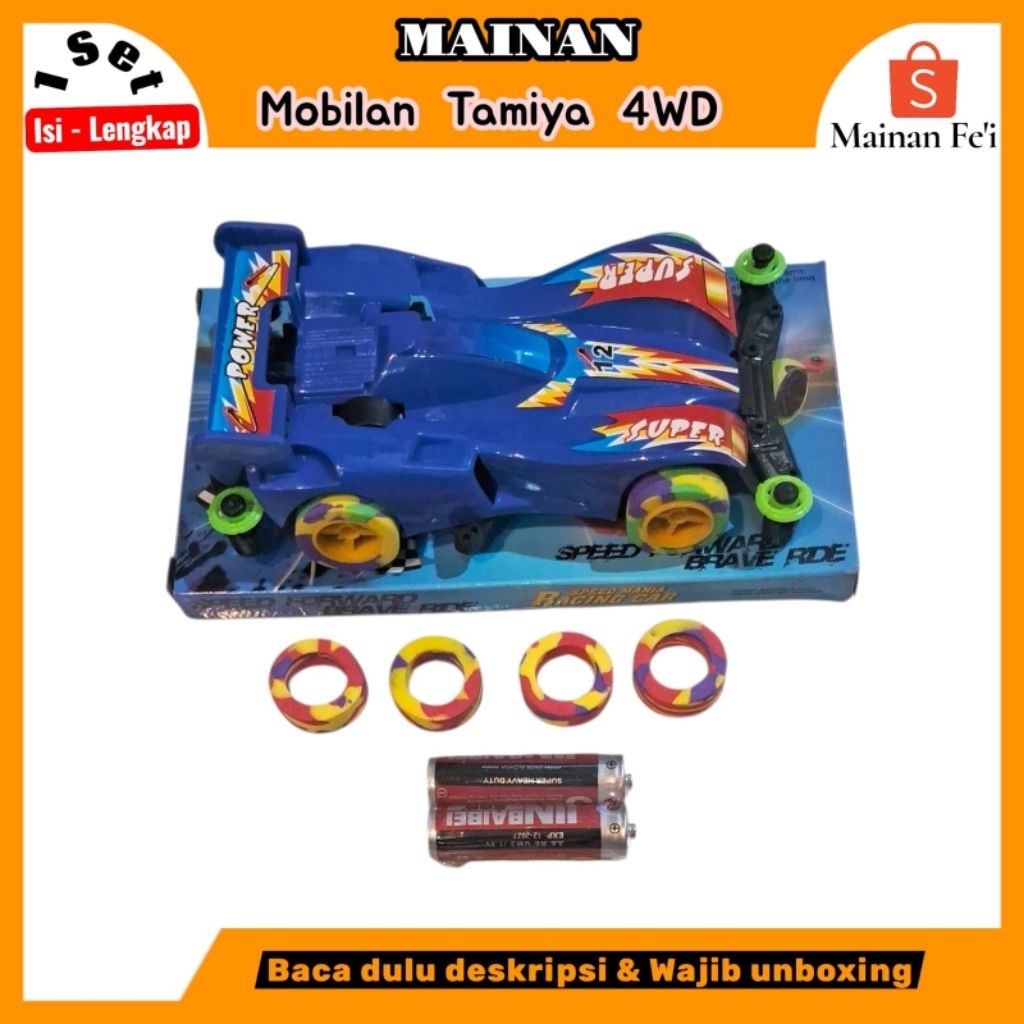 Mainan Mobilan TAMIYA 4WD lengkap dengan ban cadangan dan batre. Cocok untuk bermain balapan di aren