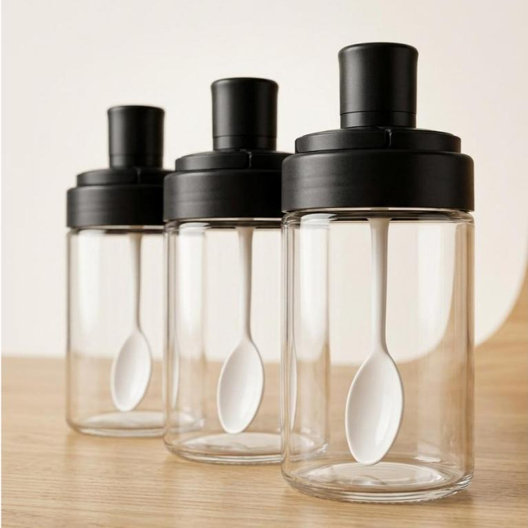 Set 3 Botol Tempat Bumbu Dapur Kaca dengan Sendok - 250ml, Tutup Kedap Udara, Desain Unik