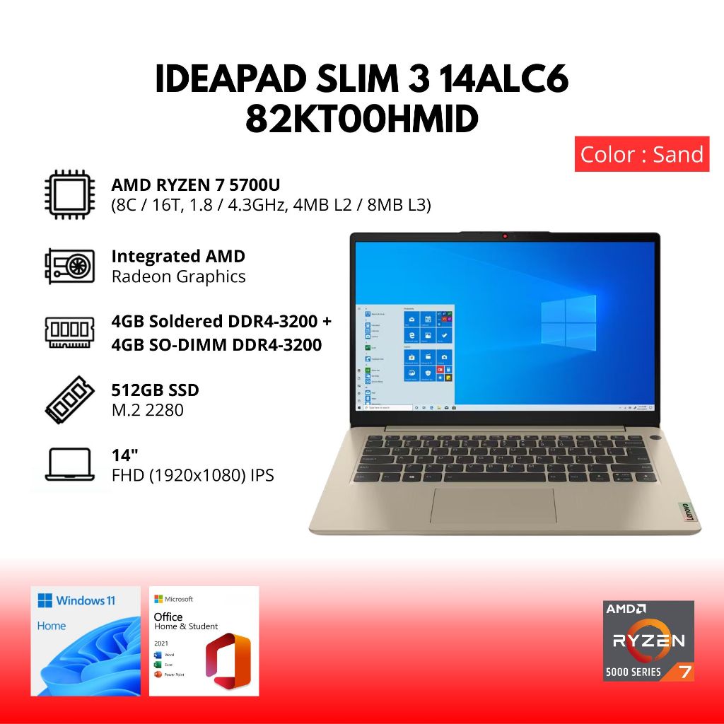 LENOVO IDEAPAD SLIM 3 14ALC6 AMD RYZEN 7 5700U 8GB 512 SSD 14 FHD IPS WIN11