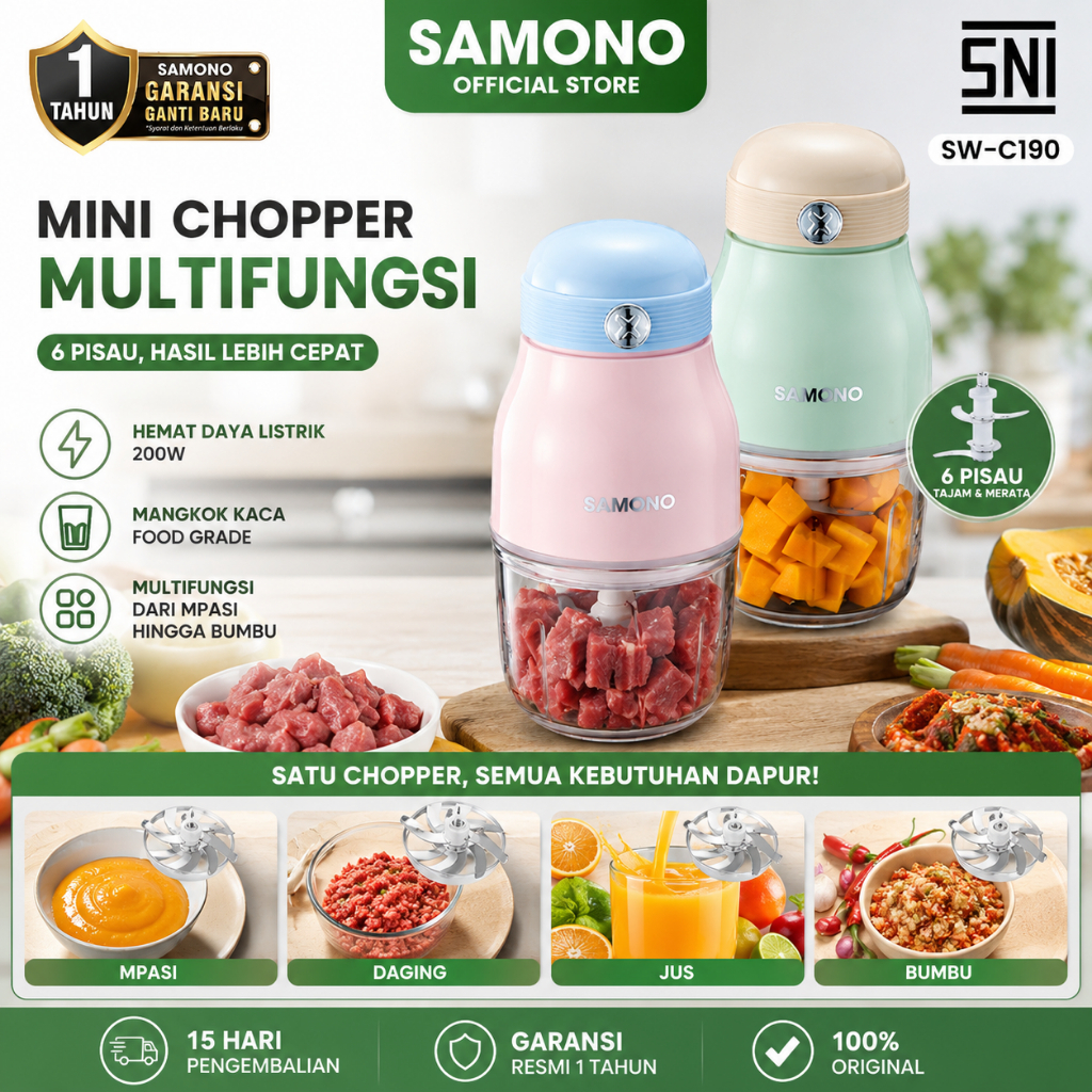 SAMONO Mini Chopper Multifungsi Coper Penggiling Bumbu Daging Makanan Bayi 300ml 6 Mata Pisau Stainl