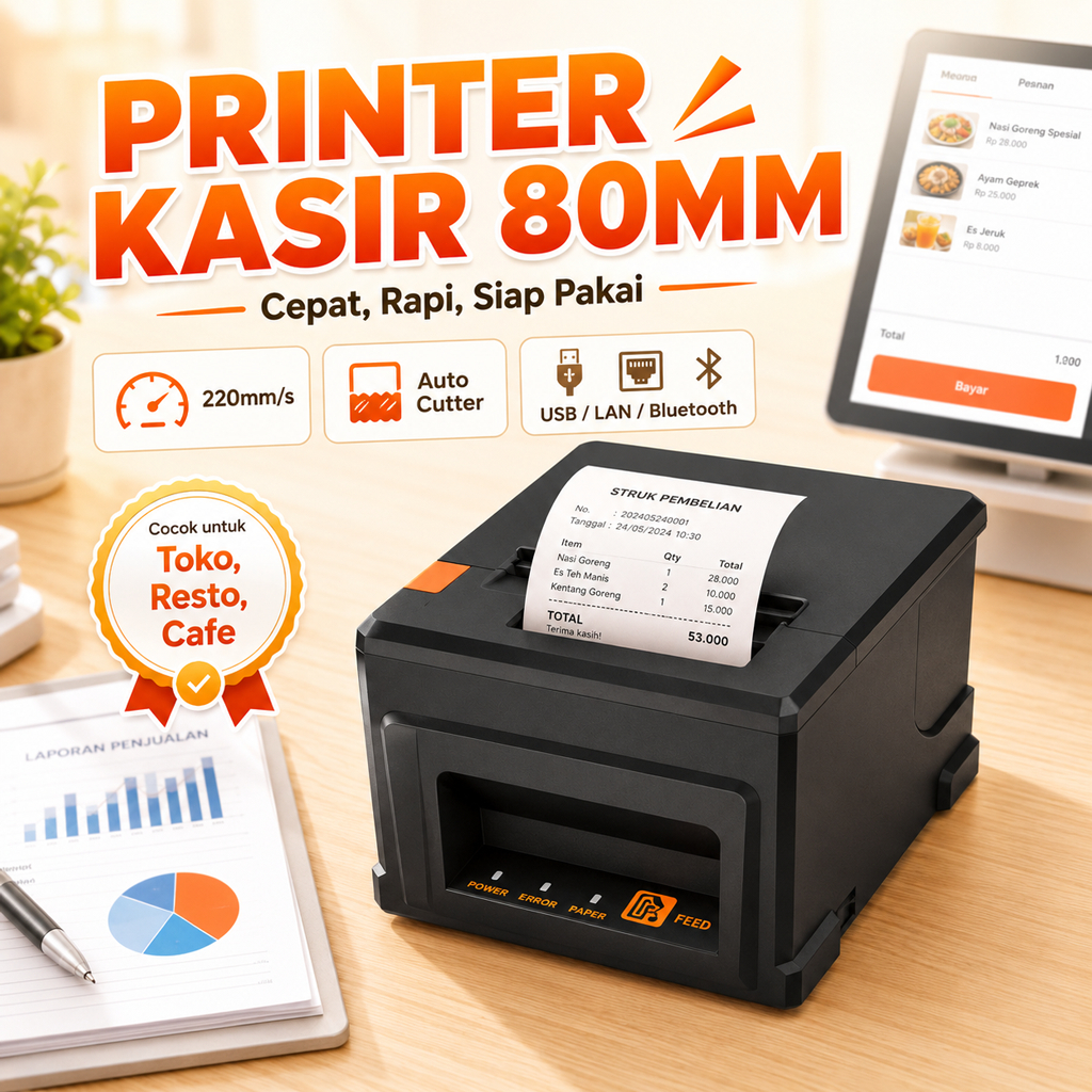Printer Kasir Thermal 80mm Auto Cutter 220mm/s USB LAN Bluetooth Mesin Cetak Struk POS Toko Resto Ca