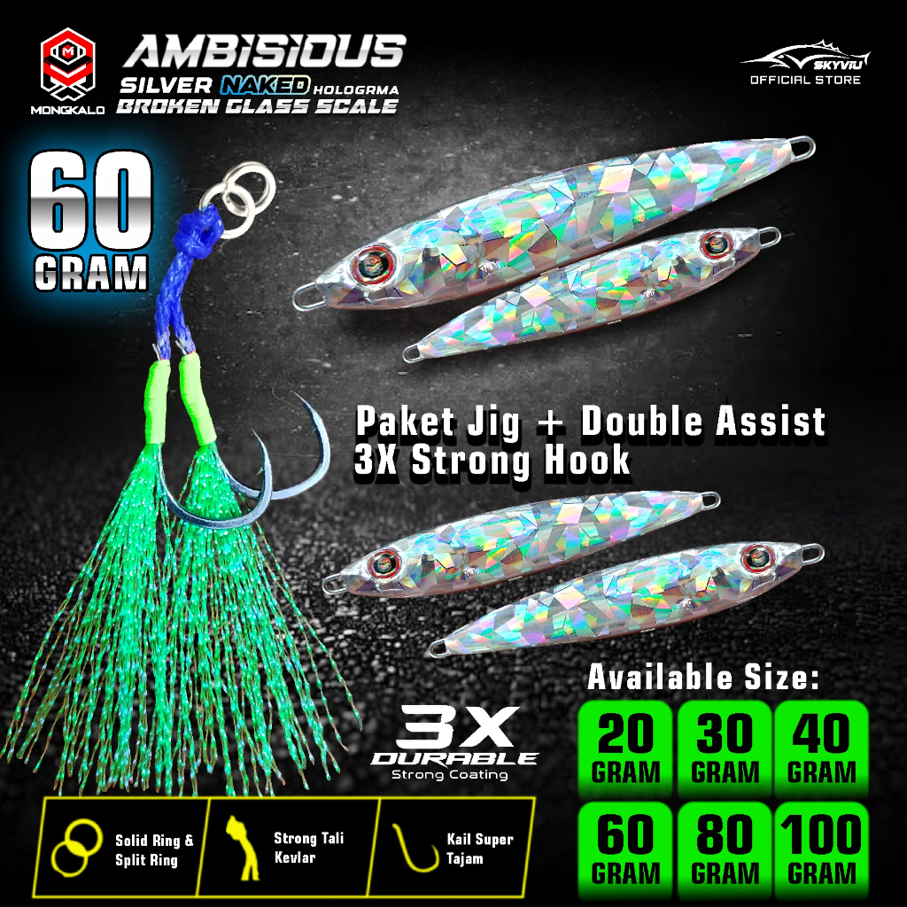Metal Jig 60 Gram MONGKAO AMBISIOUS Hologram Naked 1 Set Double Assist Hook 60g Umpan Pancing Laut 6