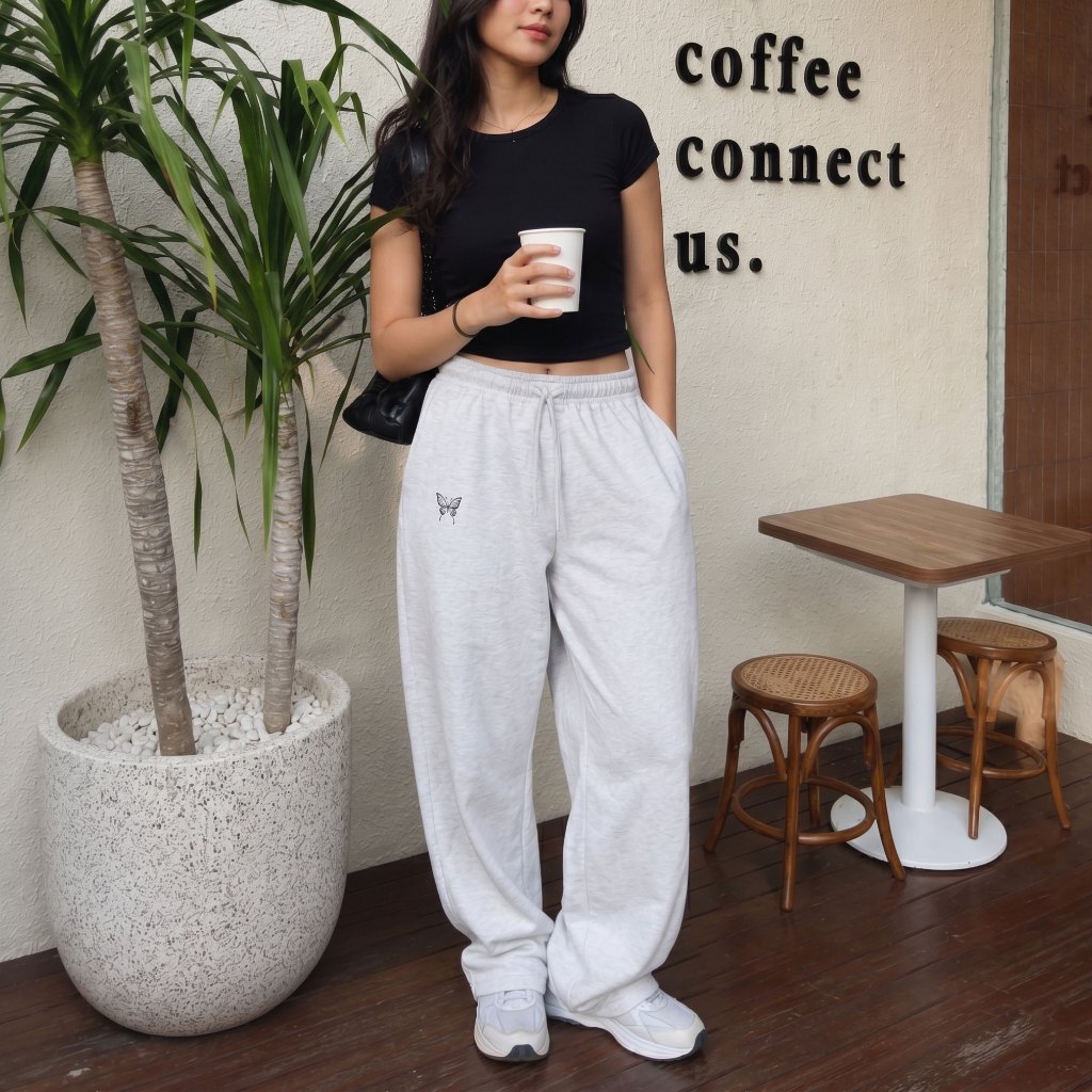 Celana Wanita Loosepants Polos Simple Abu Muda Katun Fleece Tebal Celana Sweatpants Kulot Training C