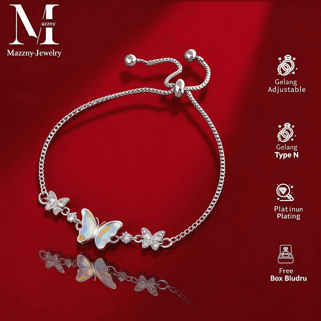 Mazzny Anti Karat Gelang Kupu-kupu Mewah Wanita Perak S925 Serut  COD Free Box Bludru Kirim 24 Jam