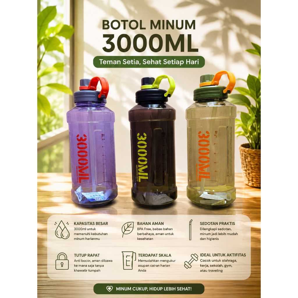 Botol Minum 3 Liter PC Anti Pecah – Botol 3000ml BPA Free Anti Bocor