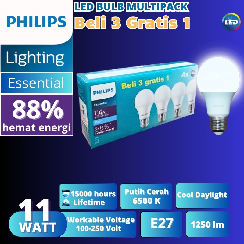 Lampu Philips LED Essential 11W Putih Philips 11 Watt Multipack Paket 3+1 Asli Bergaransi