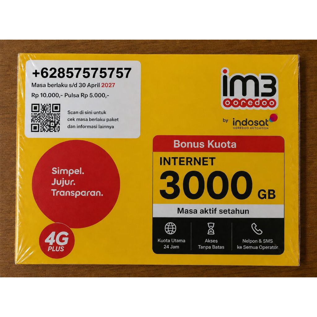 kartu perdana IM3 nomor cantik 10 digit bonus kuota internet 3000 GB