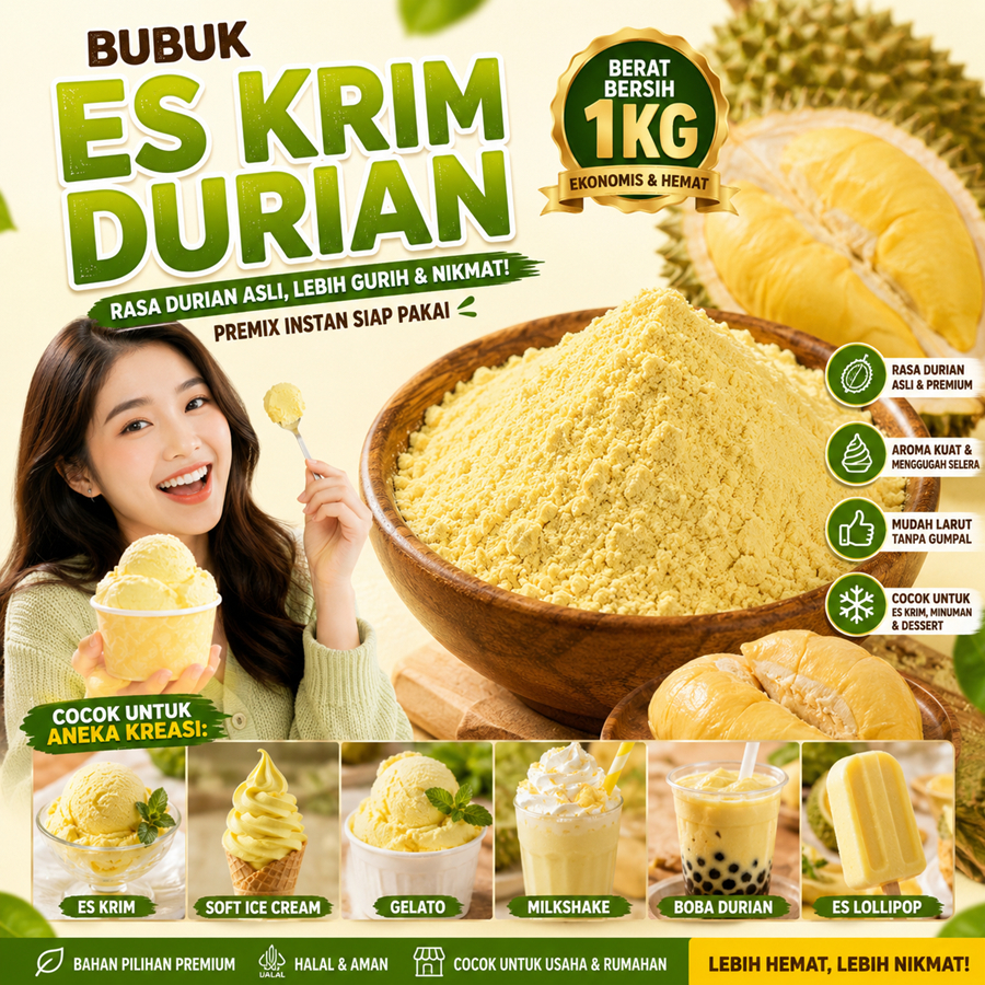 Bubuk Es Krim Durian 1 Kg l Serbuk Ice Cream durian 1Kg Eskrim Kiloan Bahan Instan Premix Soft Hard 