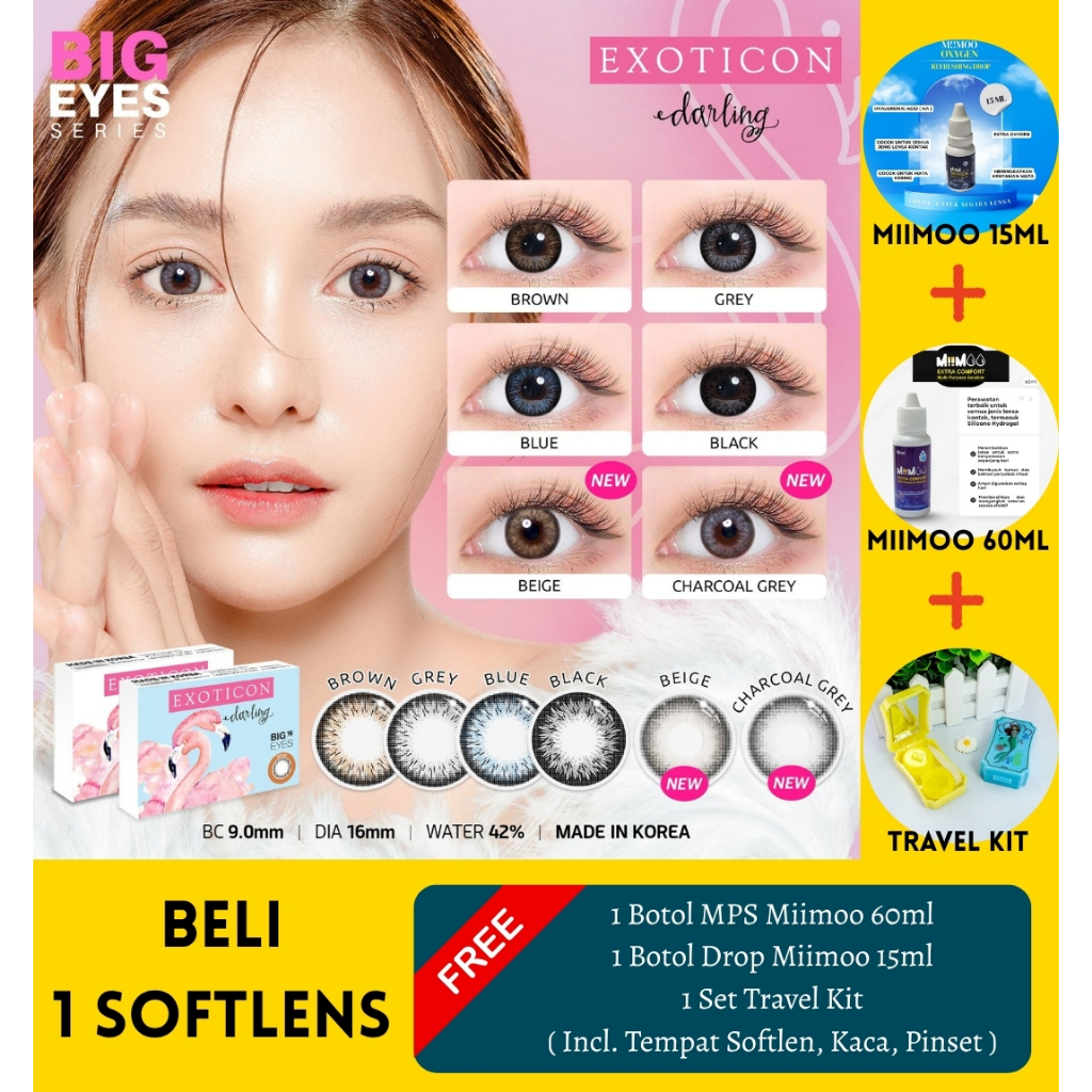Bundling Softlens Darling + MPS Miimoo 60ml + Drops miimoo 15ml + Travel Kit Mini Kaca Minus -0.50 s