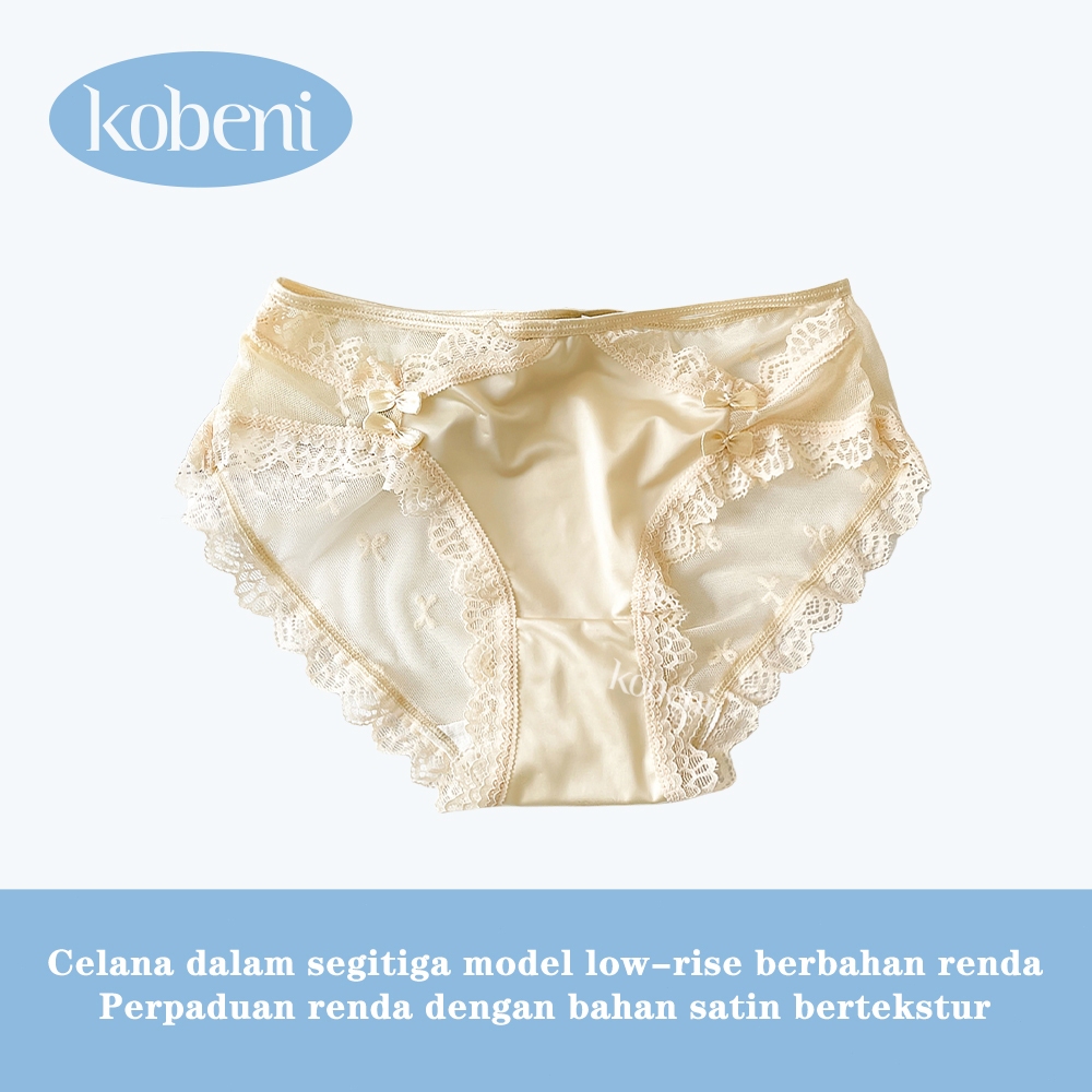 KOBENI Celana dalam Wanita Renda Brukat Belakang Satin Lembut CD Lace Lembut Bernapas Ikatan Simpul 