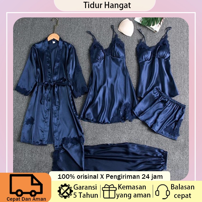Baju Tidur Kimono Wanita Satin Sutra 5in1 Lengan Panjang Tipis Nyaman Seksi Mewah Pakaian Tidur Hari
