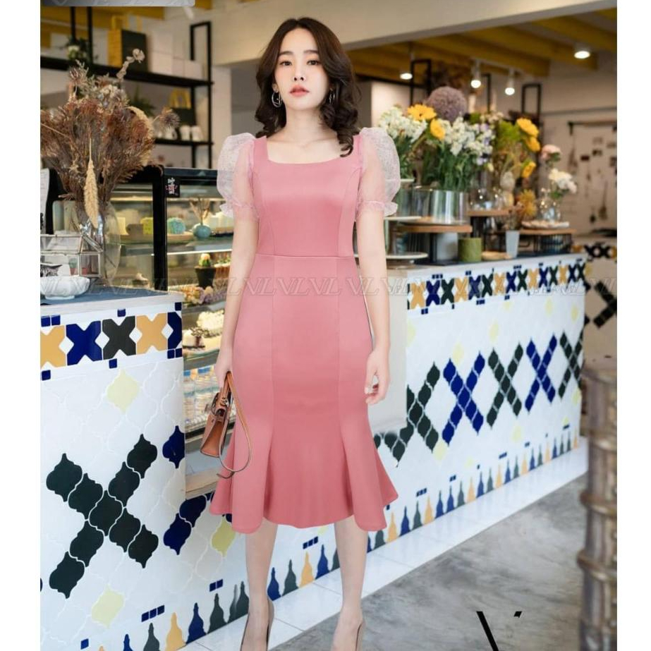 Dress Scuba Mermaid Wanita Kekinian Gaun Duyung Lengan Tile Pendek Puff Premium