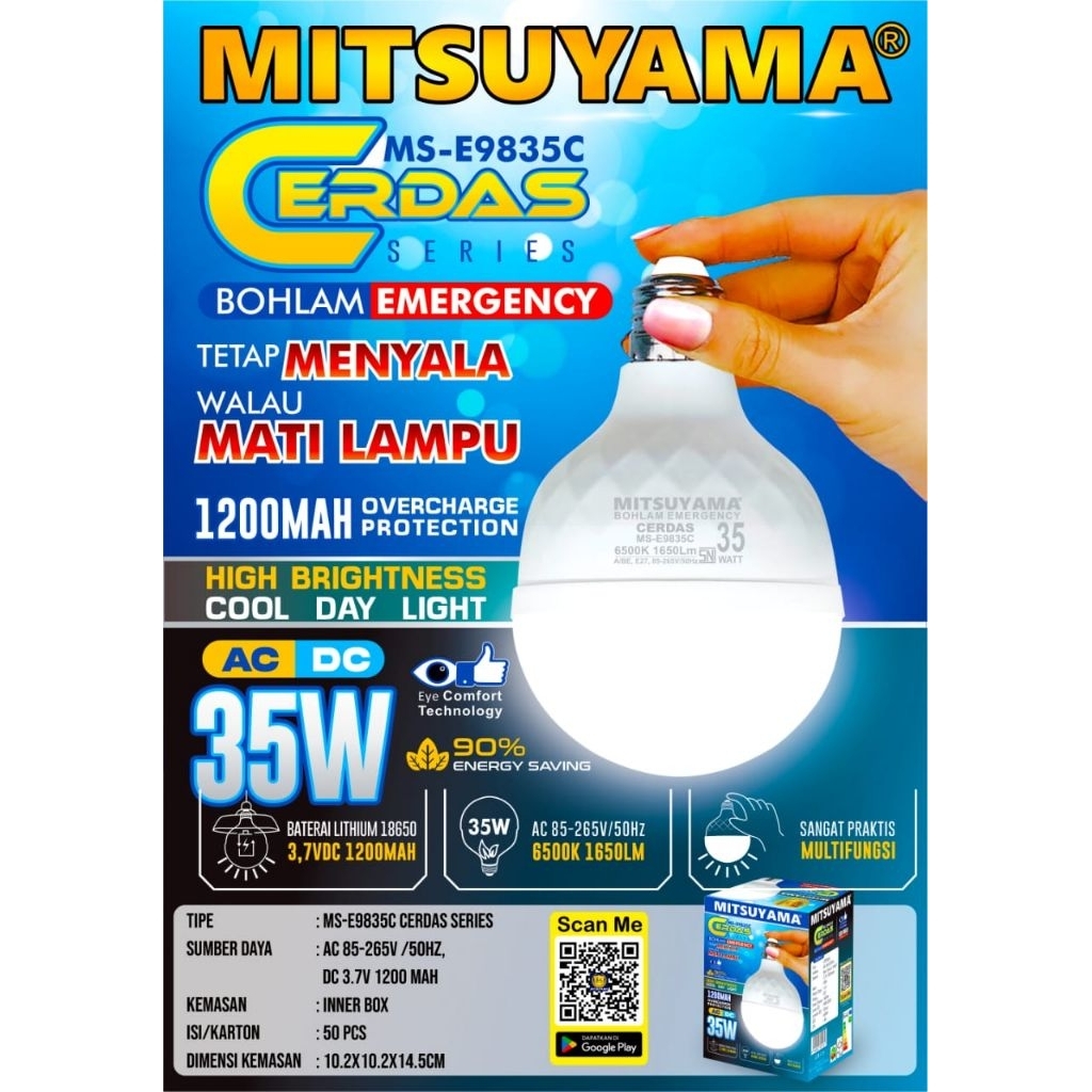 Bohlam LED Emergency Mitsuyama Cerdas Series 25W / 35W AC/DC Lampu Emergency Magic Touch Otomatis Ma