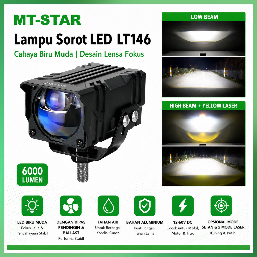 MT-STAR LT146 Lampu Tembak LED Biled Biru Lens Cocok Motor & Mobil