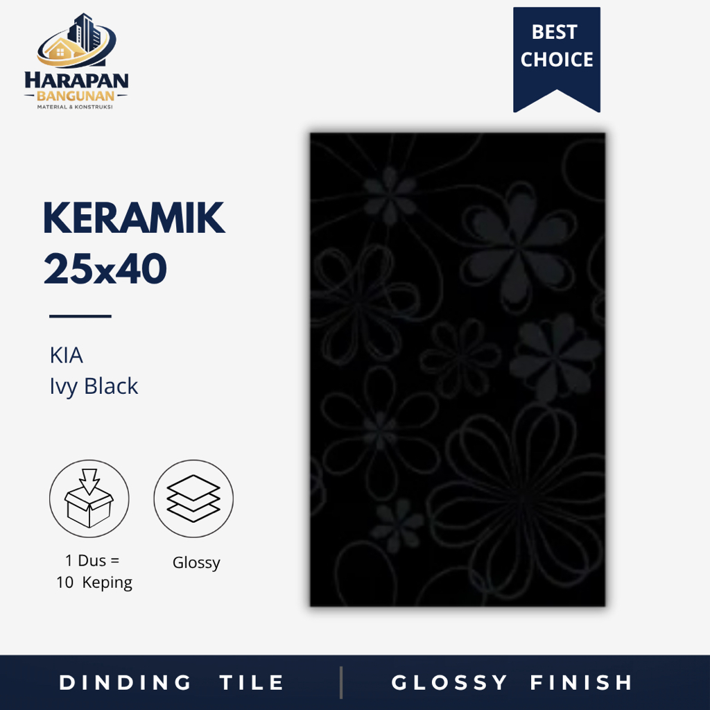 Keramik Dinding Kamar Mandi 25x40 KIA Ivy Black Keramik Glossy Hitam Toilet 25 x 40