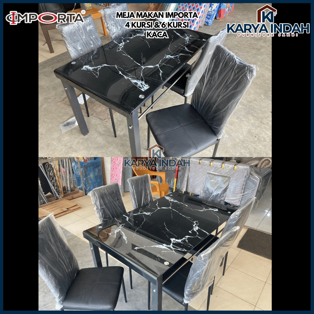 Meja Makan Kaca IMPORTA PEVITA Marble Hitam 4 & 6 Kursi Besi Modern Minimalis