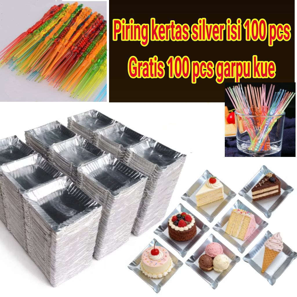 100 pcs piring kertas gratis 100 pcs garpu kue/lepek kertas silver untuk kue