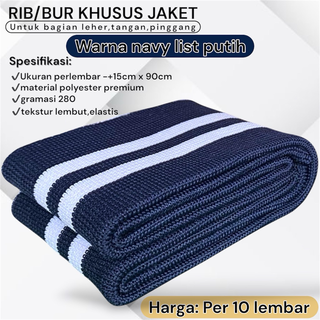 kain rib/bur jaket navy salur putih Polyester premium tebal