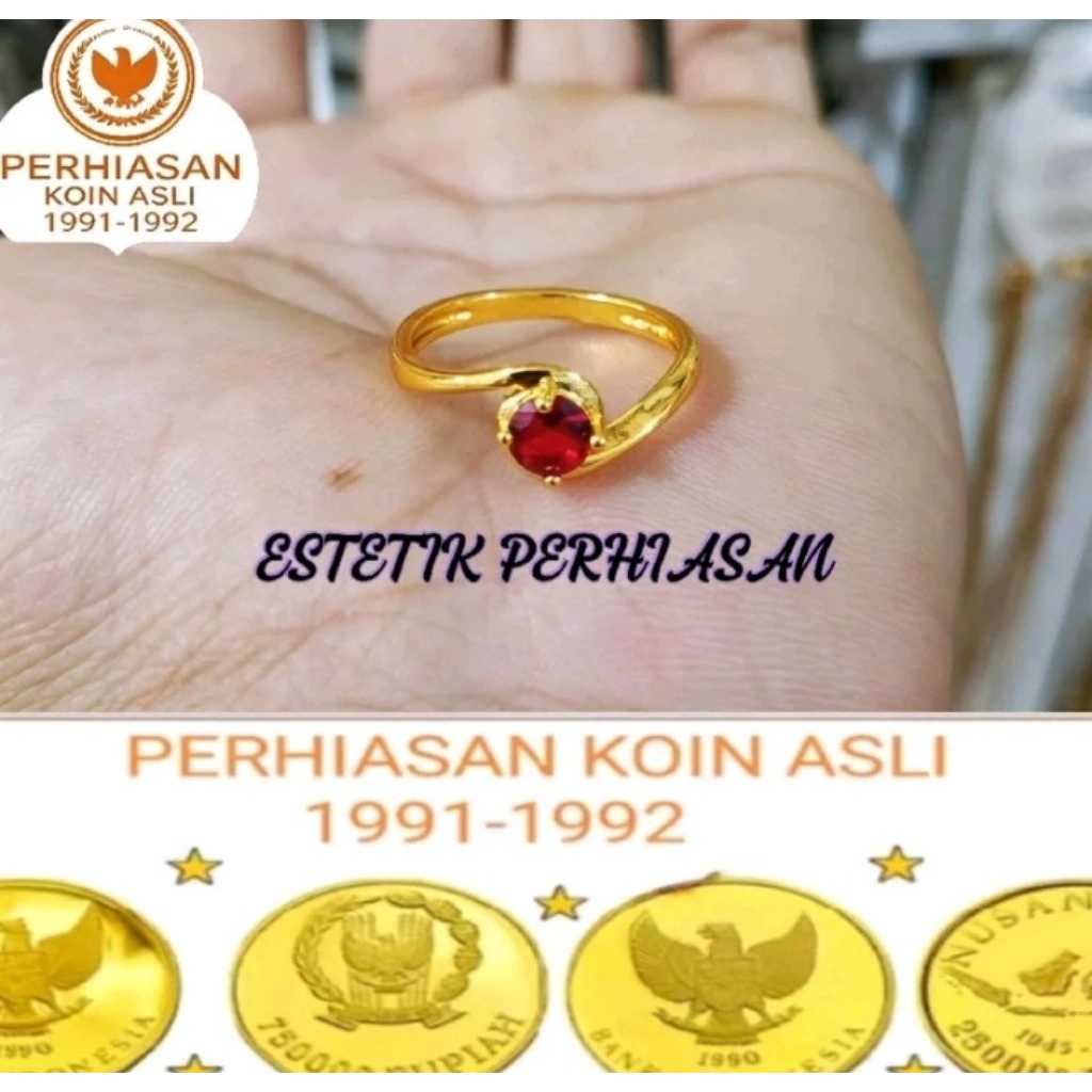 Cincin koin terbuat dari bahan uang koin logam motif bengkok permata merah elegan