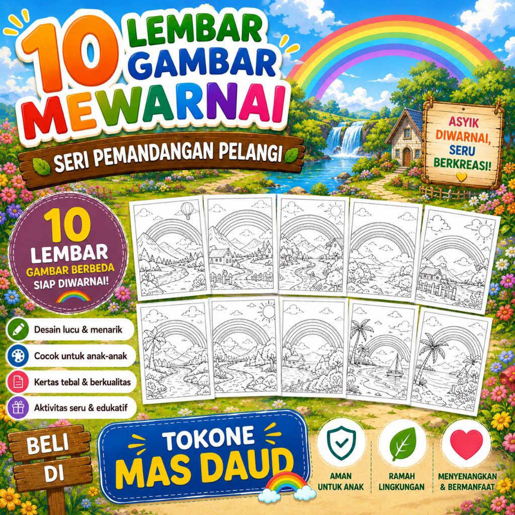 TMD - Pemandangan Pelangi / 10 Lembar / Kertas Gambar Mewarnai Anak