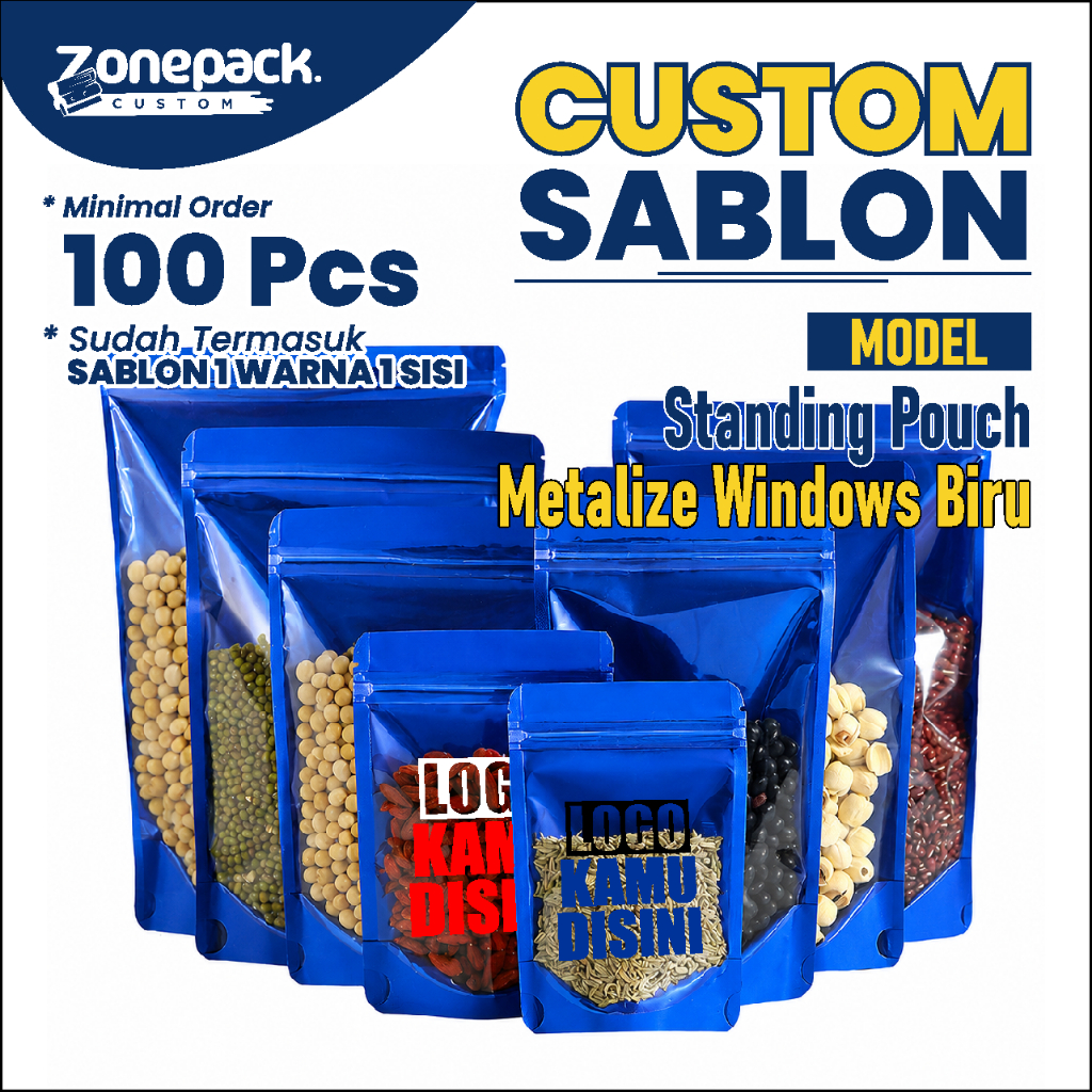 Sablon Standing Pouch Metalize Windows Biru | Packing Metalized Foil Emas Snack Kemasan Makanan Zipp