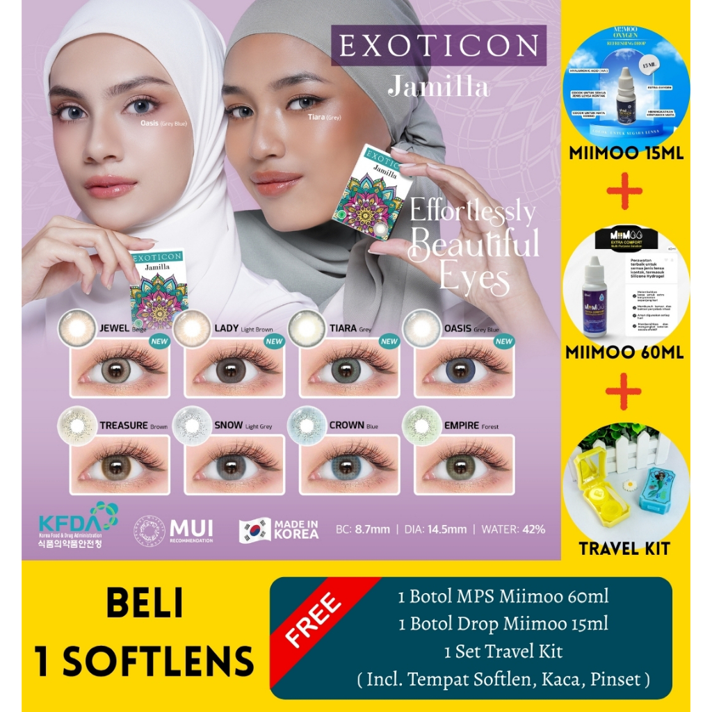 Bundling Softlens Jamilla + MPS Miimoo 60ml + Drops miimoo 15ml + Travel Kit Mini Kaca Minus -0.50 s
