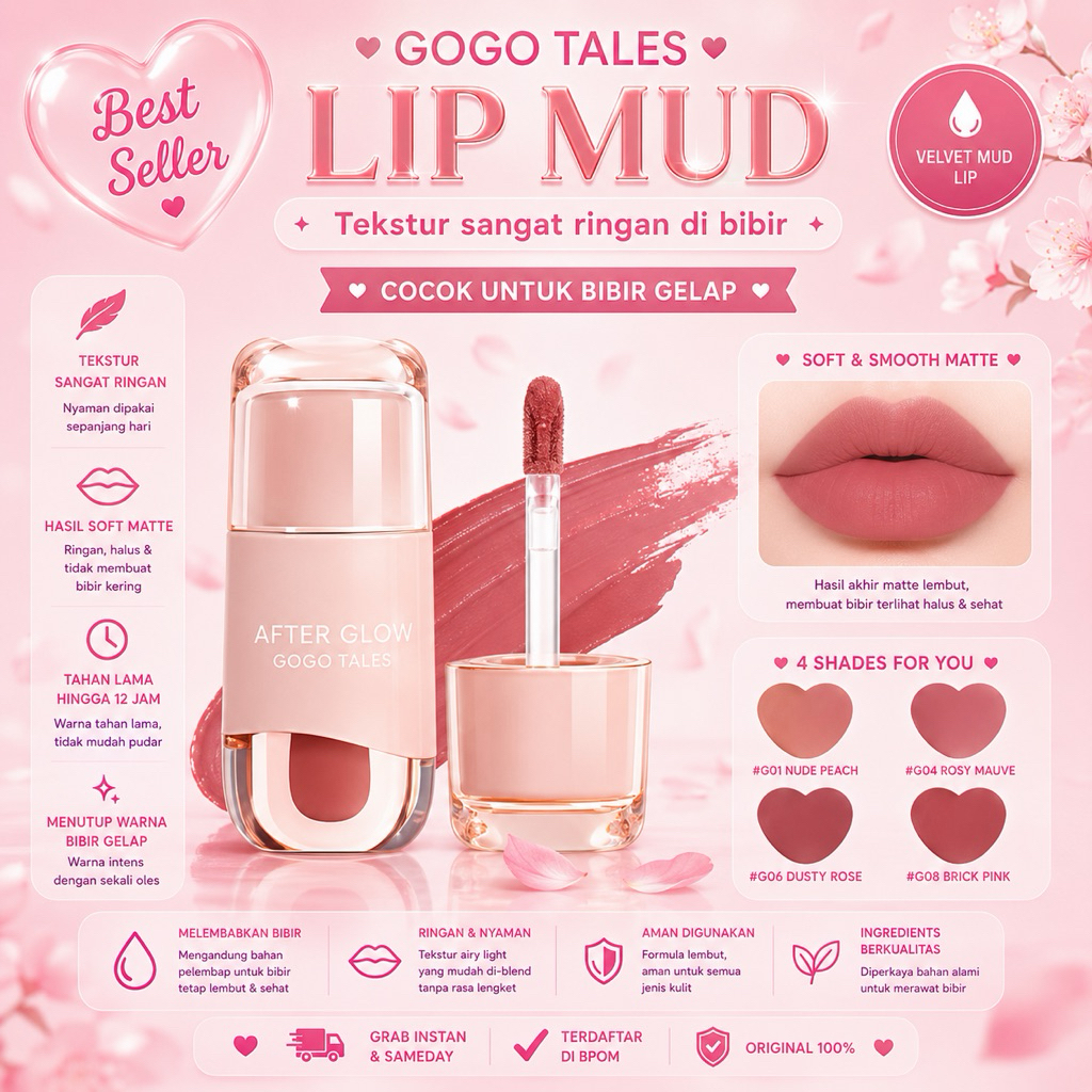 GOGO TALES (NEW) THIN MUD GAUZE VELVET MATTE FINISH Cream Lipstick Viral Lipmatte Tahan Air Lip Taha