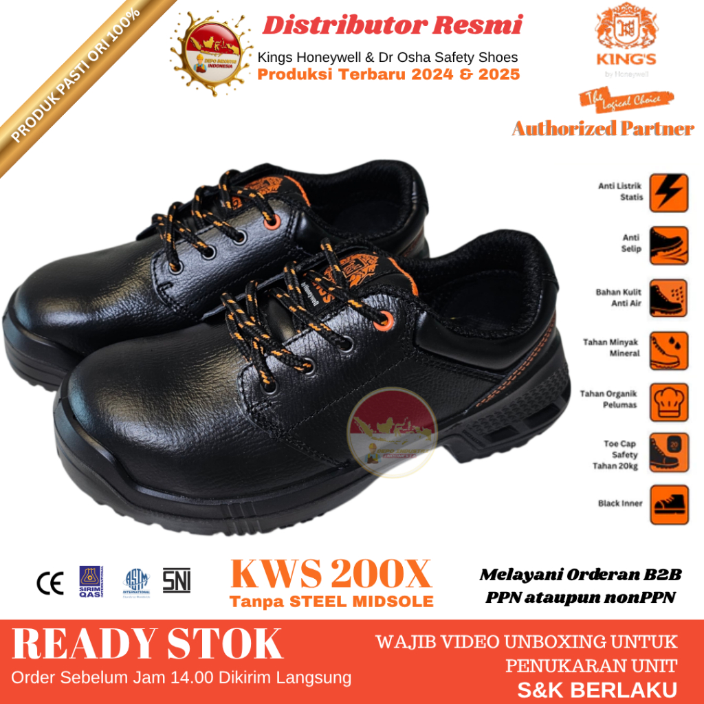 Sepatu Safety / Safety Shoes Kings Honeywell KWS 200X Pantofel Tali Steel Toe Cap (Tanpa Steel Midso