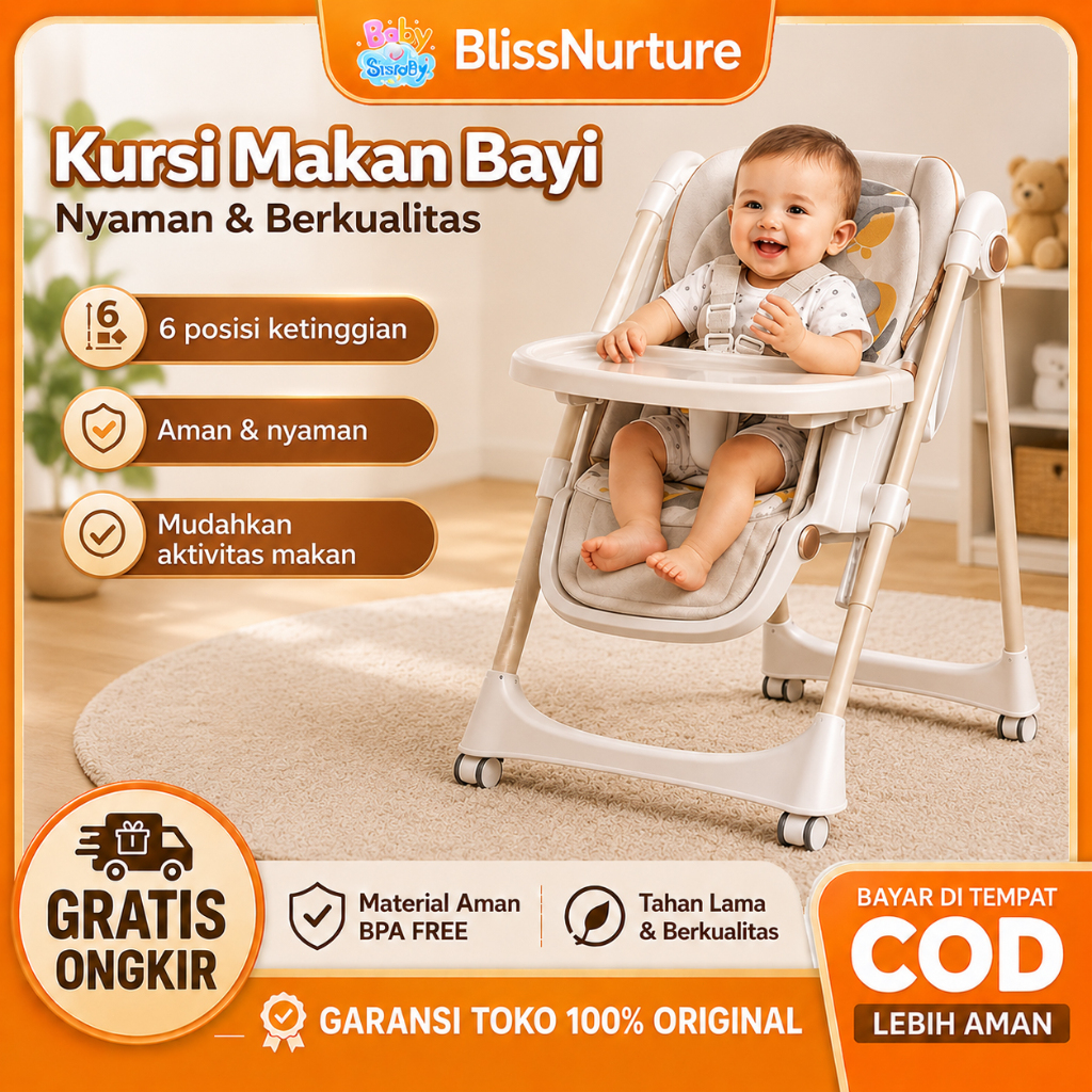 Kursi Makan Bayi Lipat Bisa Tidur Datar, Kursi Bayi Multifungsi dengan Roda, Kursi Makan Anak Adjust