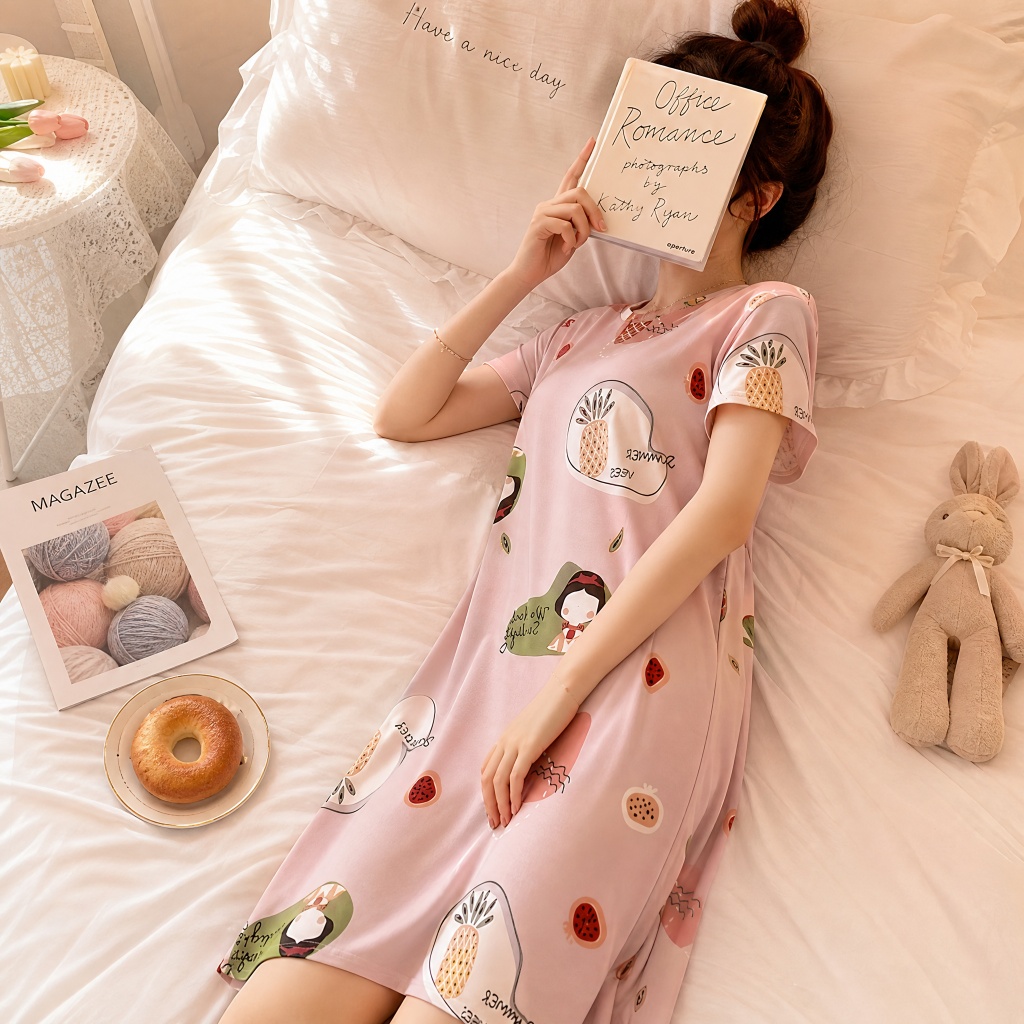 Gaya Korea Musim panas baju tidur katun longgar membuat terlihat kurus Baju Tidur Wanita Jumbo Lenga