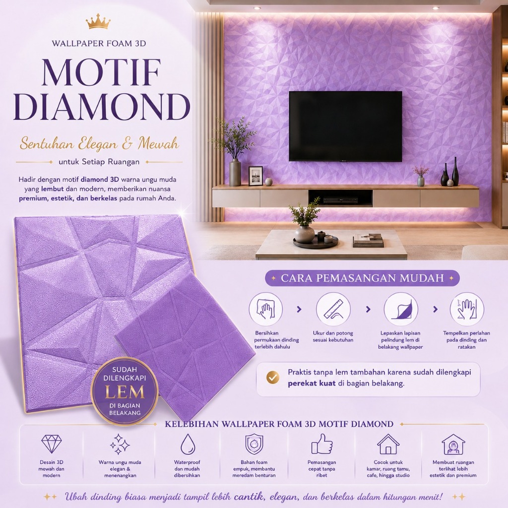 EG New Warna Ungu  Wallpaper Dinding Sticker WallFoam 3D Ruang Tamu Batik Panel Diamond Triangle Din