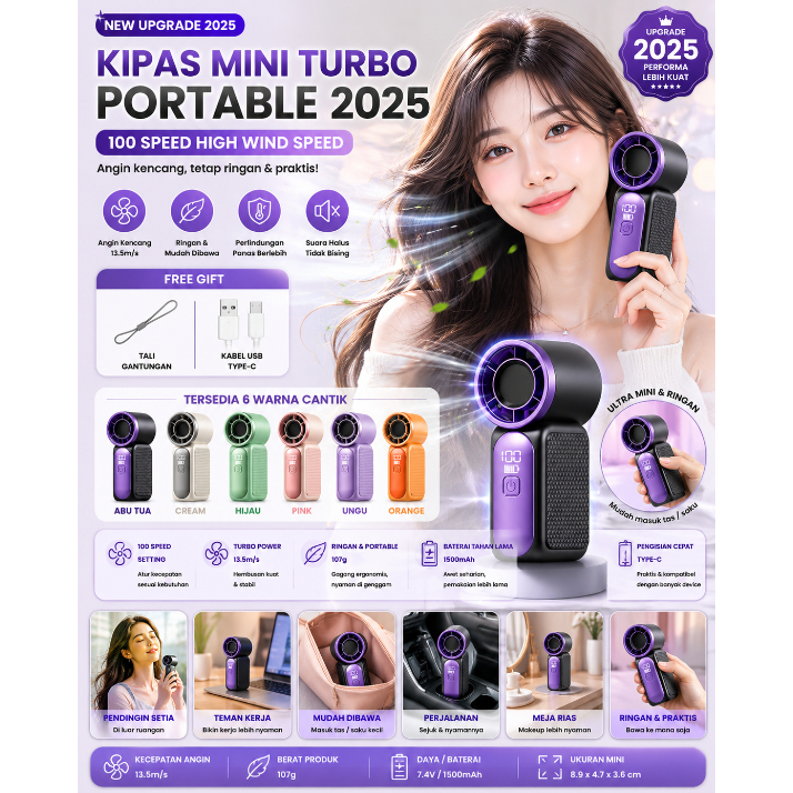 Kipas Mini Turbo 2025 Terbaru 3.5 Inch 3600mAh Handheld Portable 16900RPM 6 Level Kecepatan Layar LE