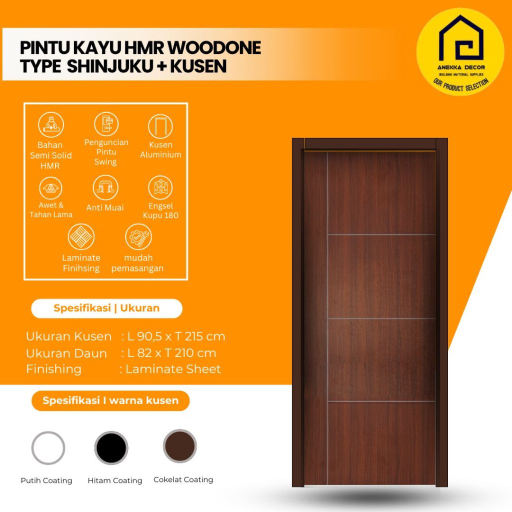 WOODONE Pintu Kayu HMR Type SHINJUKU ukuran 90,5 x 215 cm Finishing laminate set kusen aluminium , m