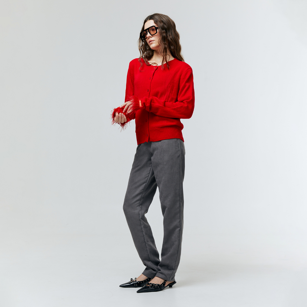 ATSTHELABEL NEMI RED FEATHER TRIM KNIT CARDIGAN