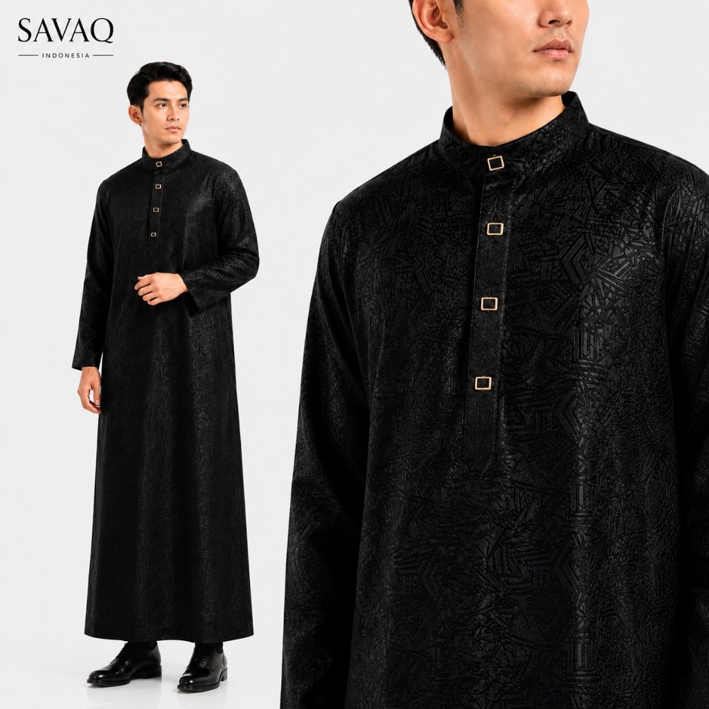 SAVAQ Gamis Pria Lengan Panjang Hitam Modern Embos Loose Fit Baju Muslim Pria Elegant