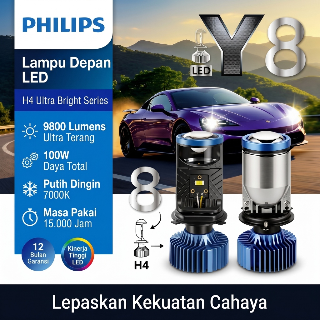 Philips Lampu LED Mobil H4 Y8 Ultra Bright 100W Untuk Mobil Motor