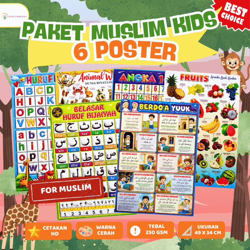 Paket Poster Anak Edukasi Isi 6 Pcs Belajar Doa, Gambar Buah, Hijaiyah, Angka, dan Hewan Random