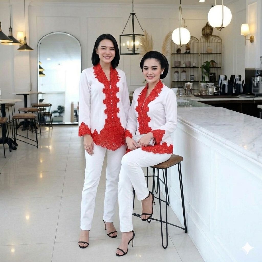 {1202} Atasan Kebaya Safitri - Atasan Kebaya Encim Merah Putih - Atasan Kebaya Katun Modern - Kebaya