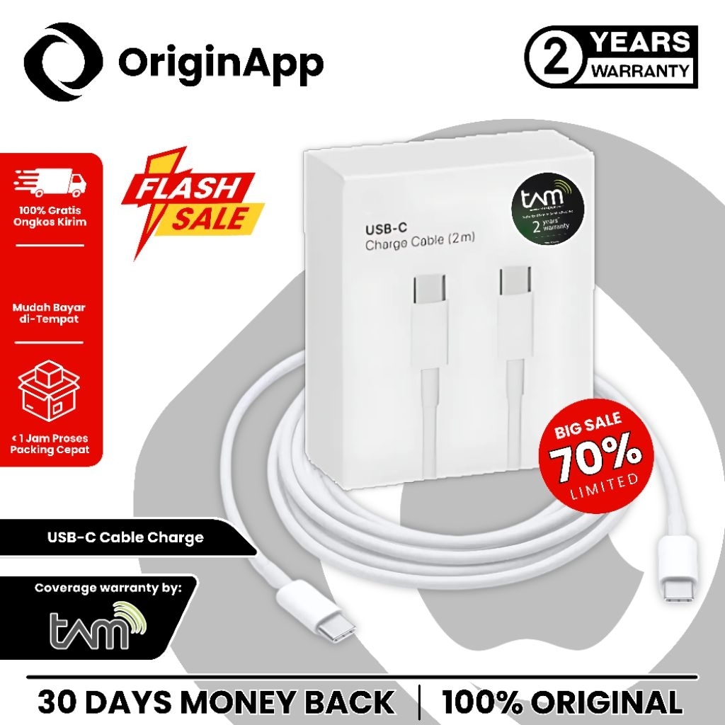 USB-C Charge Cable 1M Garansi Resmi TAM 2 Tahun Original 100% iP 15 14 13 12 11 Pro Max X XS XR 10 8