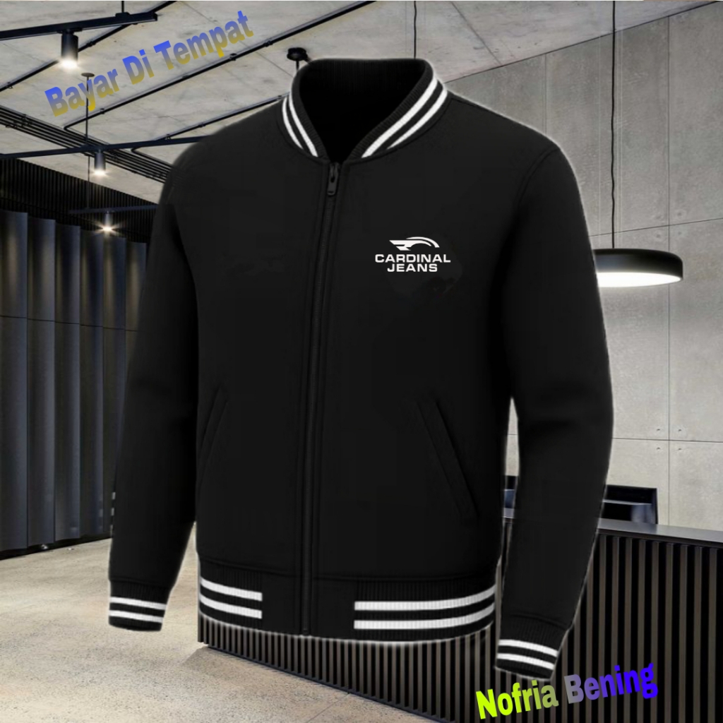 BISA COD Jaket Bomber Varsity Baseball Resleting Cardinal Jeans Text Putih Origin Premium Jaket Base