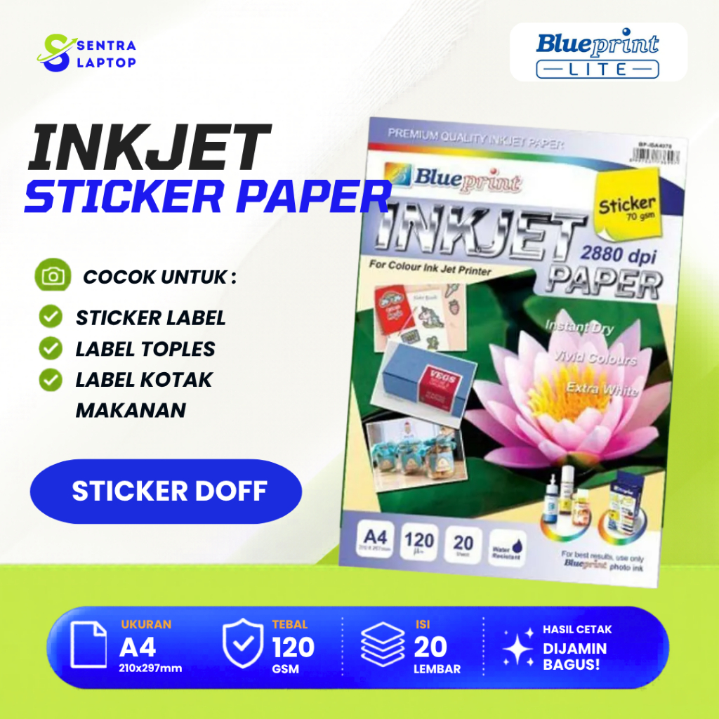 Sticker Inkjet Paper A4 BLUEPRINT Kertas Stiker Inkjet 70 Gsm - 20 Lembar