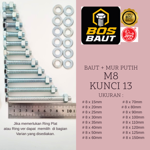 (10 pcs) Baut Mur Putih, Ukuran M8 Kunci 13, Bahan Galvanis Anti Karat, Harga Murah