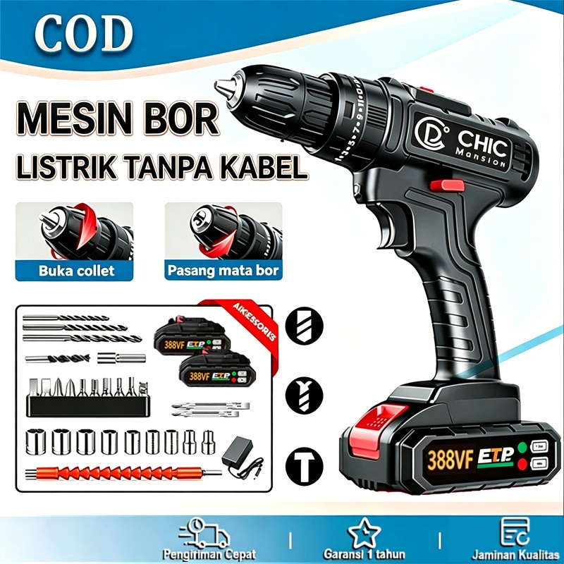 Bor Baterai 388VF 2 in 1 Bor Tanpa Kabel Cordless Bor Dampak Mesin Bor Listrik Multifungsi Full Set 