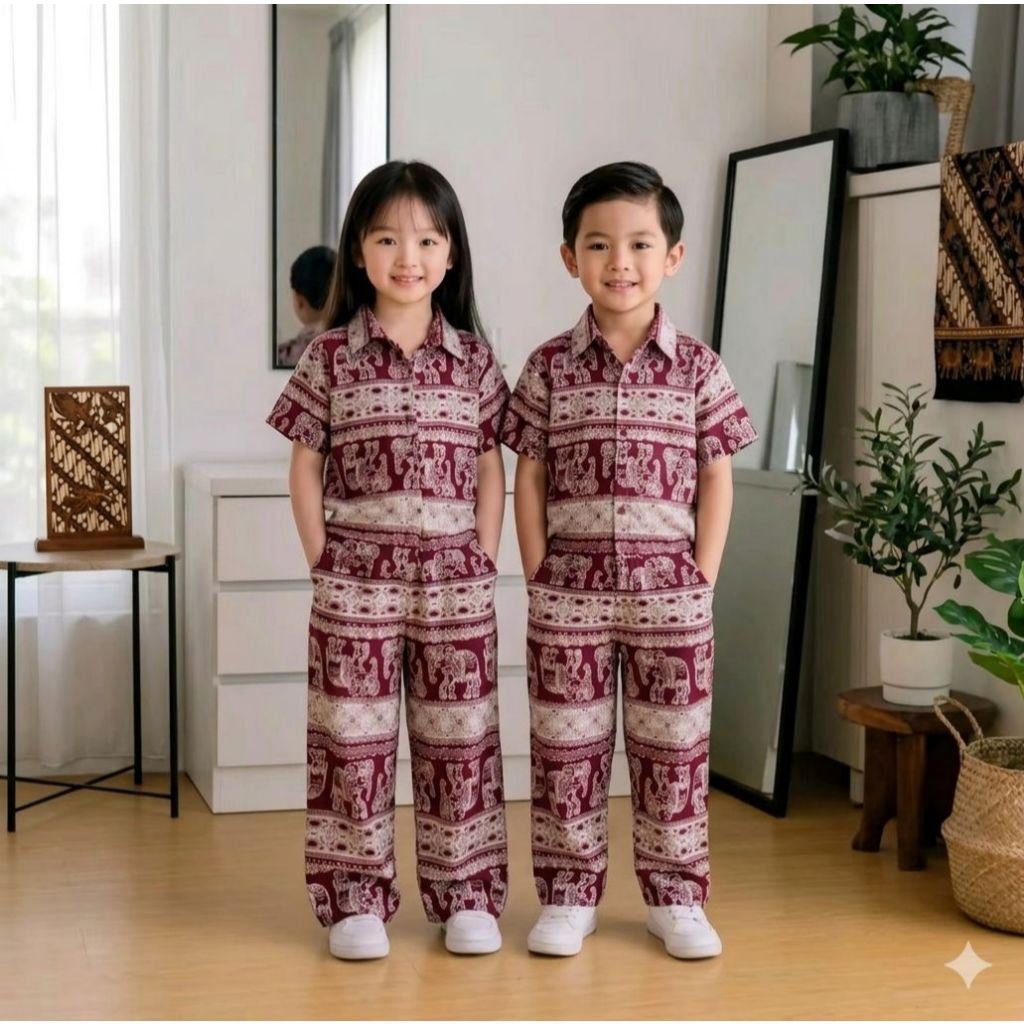 Setelan Anak Motif Gajah Rayon Premium / Setelan baju kemeja Unisex Anak laki laki dan perempuan Mot