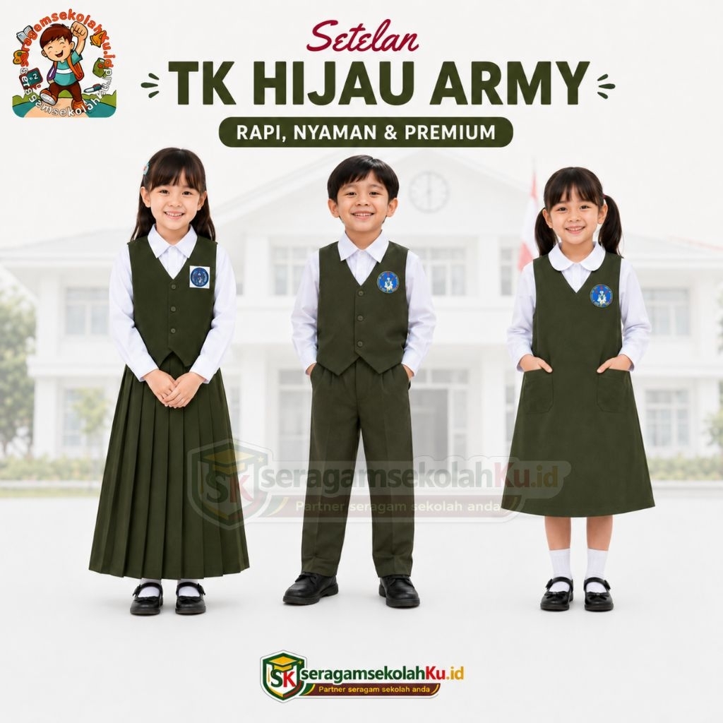 Seragam Sekolah TK Hijau Army Muslimat NU Laki-laki & Perempuan Rompi Panjang