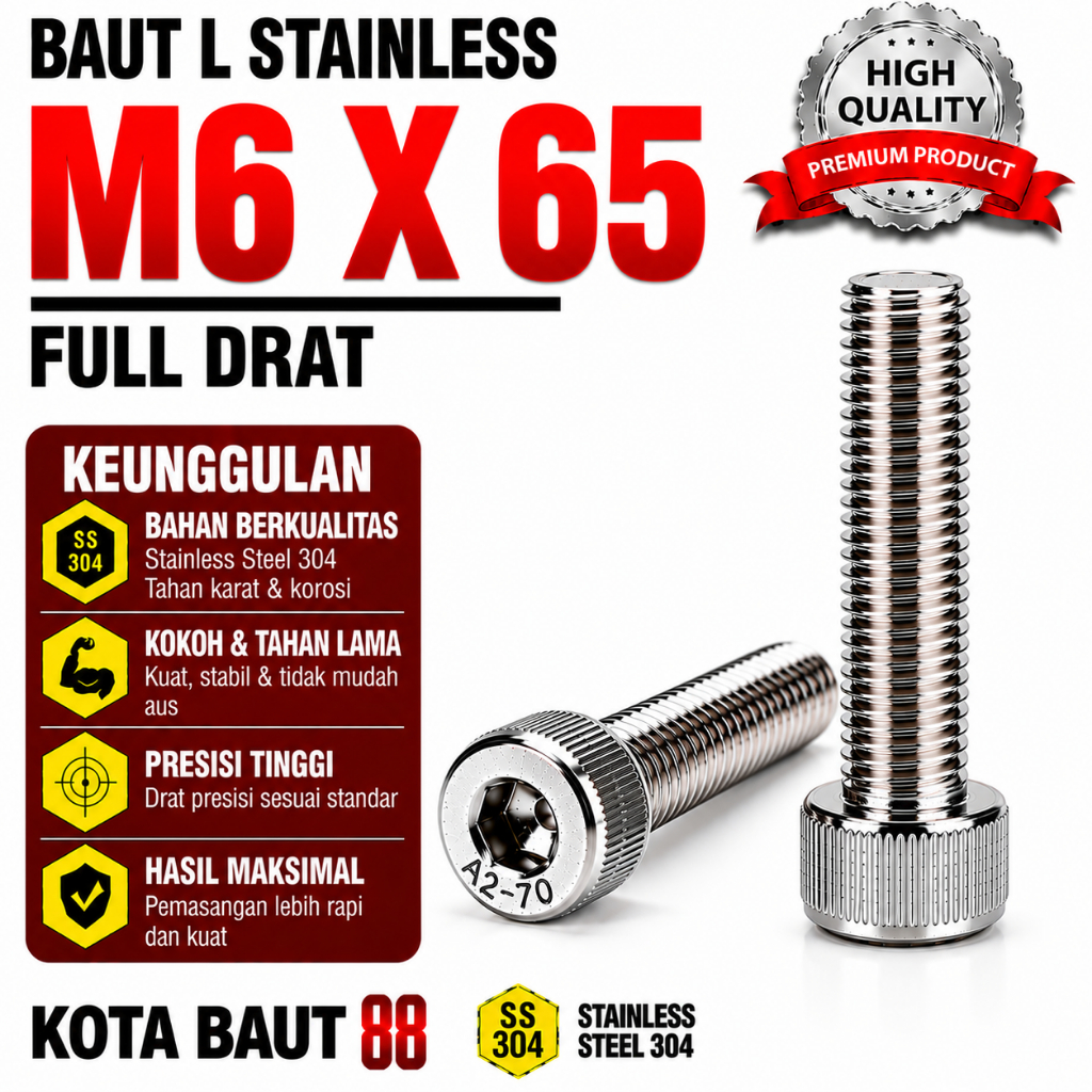 Baut L Stainless M6X65 / 6X65 / M6 X 65 / 6 X 65 Full Drat SS304 / SUS304 / A2-70