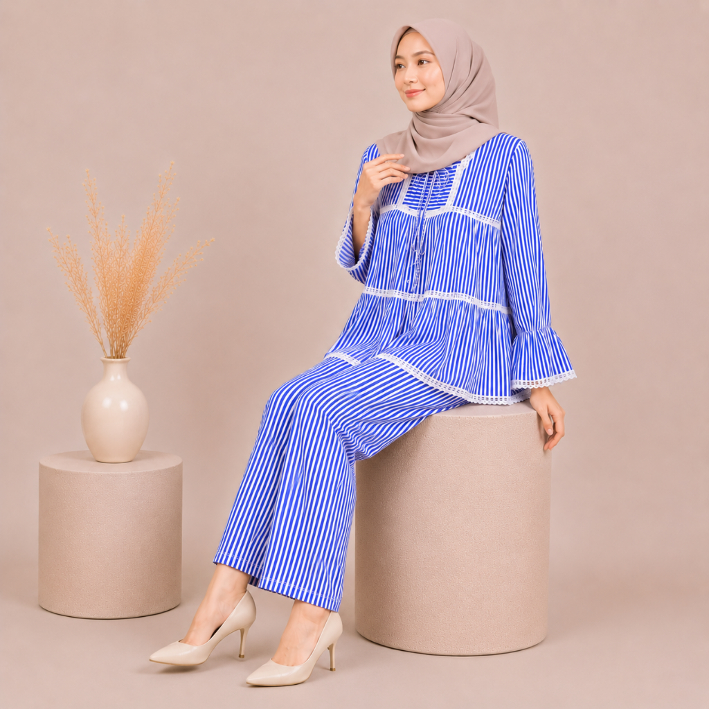 ADDISHA Set Rayon Setelan Baju Muslim Kekinian Piyama Baju Tidur - Kaelyn Stripe Biru