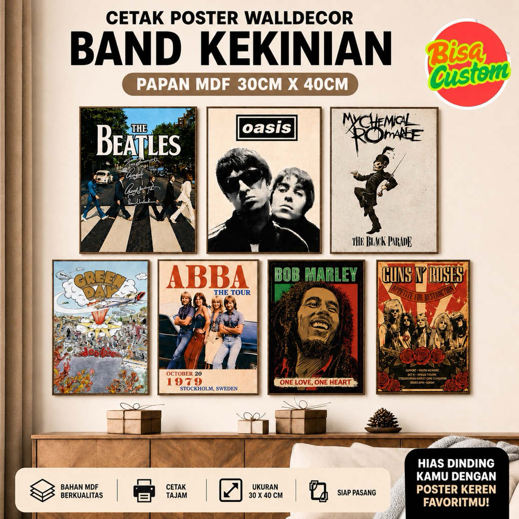 Cetak Poster Band Custom 30x40cm MDF Wall Decor Kamar Cafe Ruang Musik