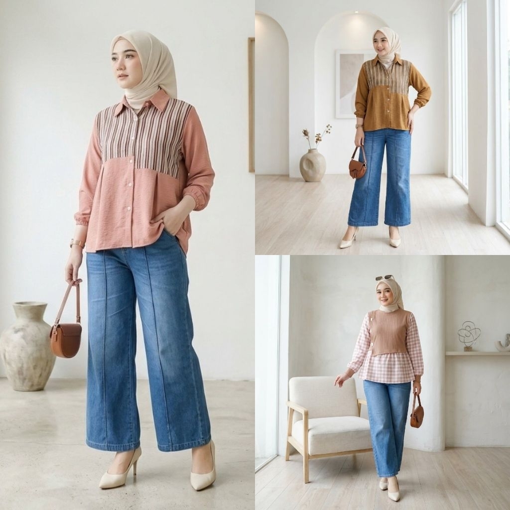 AVITA SET JEANS Setelan Jeans Kombinasi Katun Junnasco